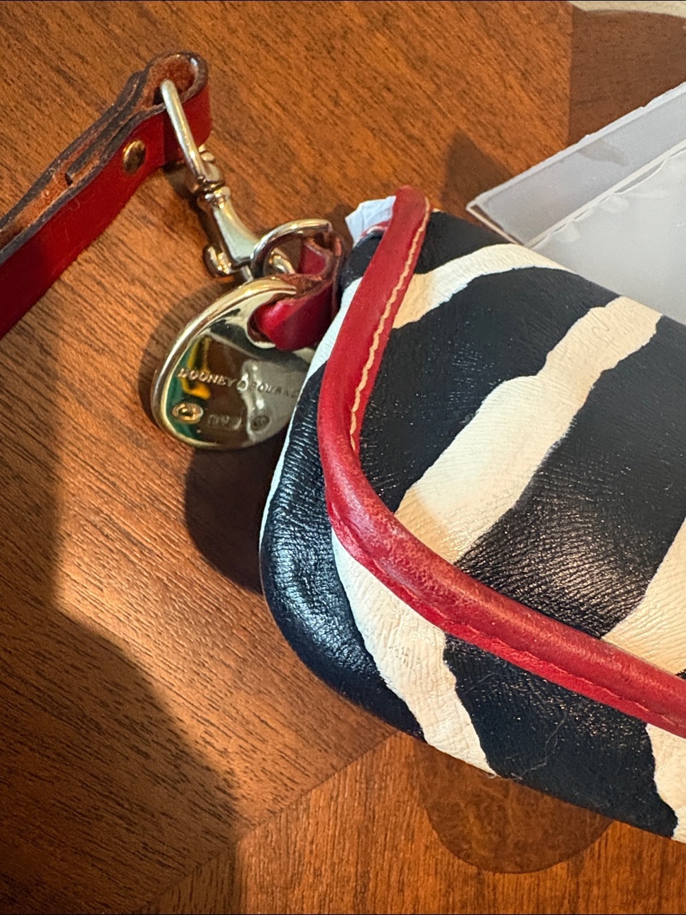Dooney & Bourke wristlet clutch black/cream zebra stripe Leather/red trim - Picture 7 of 17